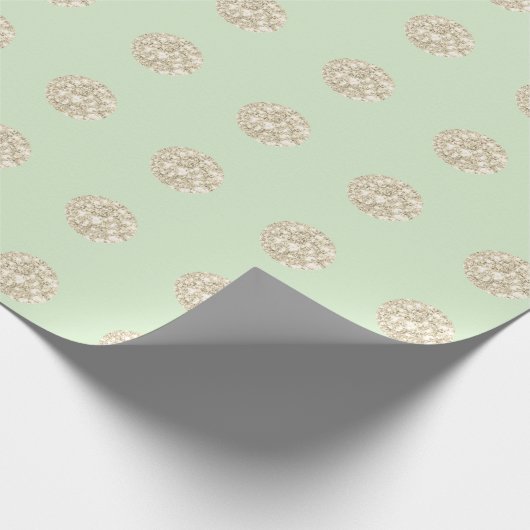 Glitterende mintgroene pastel ivoorkleurige polka  cadeaupapier (Hoek)
