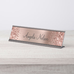 Glitterende namaak roze gouden folie naam bureau naambordje