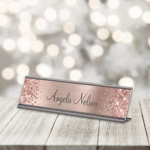 Glitterende namaak roze gouden folie naam bureau naambordje