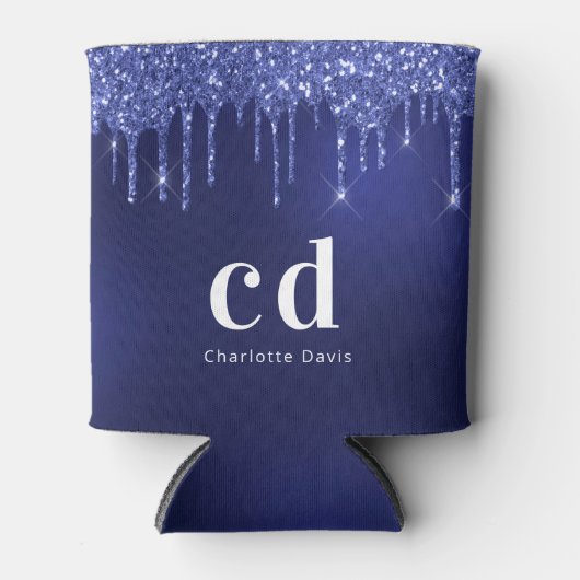 Glitterende navyblauwe druipende witte monogramnaa blikjeskoeler (Voorkant)