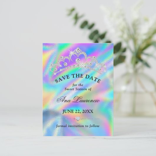 Glitterende nep-holografische Save The Date Sweet Briefkaart (Staand voorkant)