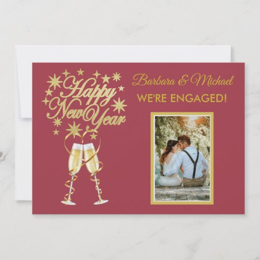 Glitterende Nieuwjaars Verlovings Goud Rode Aankon Kaart (Voorkant)