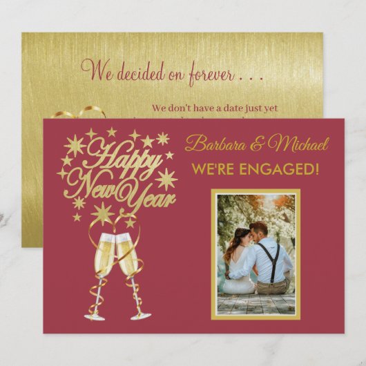 Glitterende Nieuwjaars Verlovings Goud Rode Aankon Kaart (Voorkant / Achterkant)