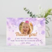 Glitterende Paarse Foto Meisjes Verjaardagsfeestje Bedankkaart (Staand voorkant)