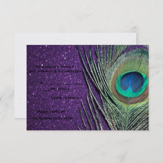Glitterende paarse pauw huwelijks RSVP-kaarten RSVP Kaartje (Voorkant / Achterkant)
