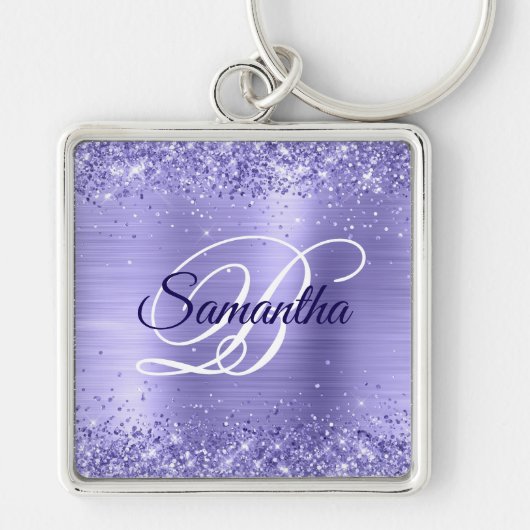 Glitterende Pailletten Paarse Folie Fancy Monogram Sleutelhanger (Voorkant)