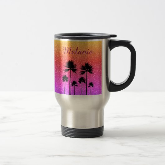 Glitterende Palmboomgradiënt Zonsondergang Persoon Reisbeker (Rechts)