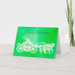 Glitterende Prinses Groene Koets & Paarden Verjaar Kaart