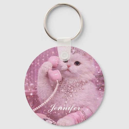 Glitterende Prinses Kat Gebruikt Roze Telefoon Sleutelhanger (Voorkant)