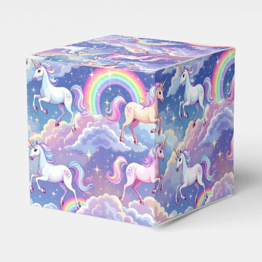 Glitterende regenboog en eenhoorns op wolken bedankdoosjes (Voorkant Zijde)