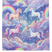 Glitterende regenboog en eenhoorns op wolken douchegordijn (Voorkant)