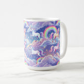 Glitterende regenboog en eenhoorns op wolken koffiemok (Voorkant rechts)