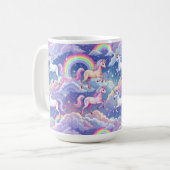 Glitterende regenboog en eenhoorns op wolken koffiemok (Voorkant links)