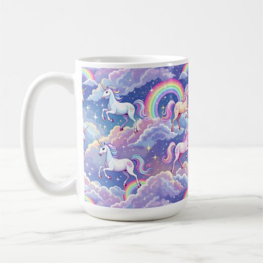 Glitterende regenboog en eenhoorns op wolken koffiemok (Links)