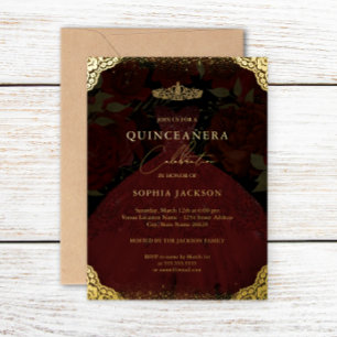Glitterende rode gouden jurk tiara Quinceanera Folie Uitnodiging