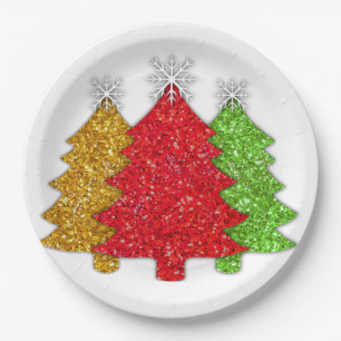 Glitterende rode groene gouden kerstboom sneeuwvlo papieren bordje