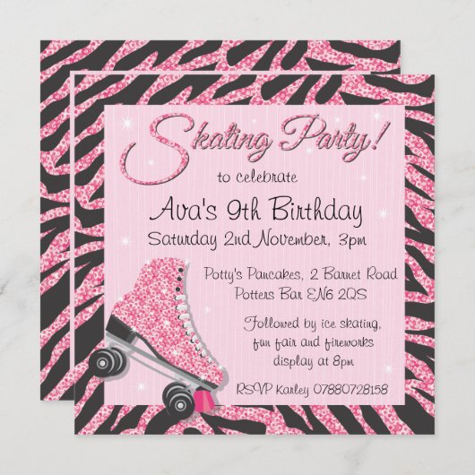 Glitterende roller-schaatsfeest-uitnodigingen met kaart (Voorkant / Achterkant)