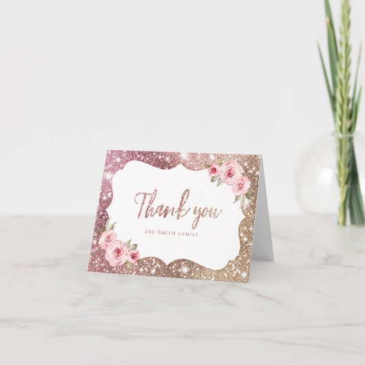 Glitterende roosgoud en bloemige dank je bedankkaart (Voorkant)