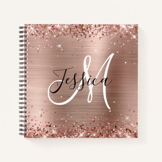 Glitterende Rose Goud Folie Monogram Vierkant Notitieboek (Voorkant)