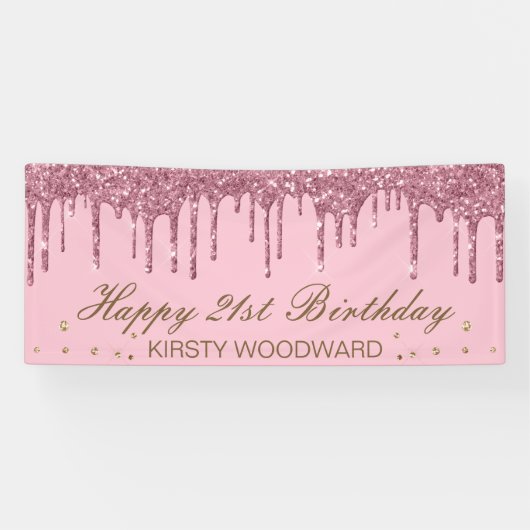 Glitterende Roze Druipende Glitter Verjaardag Spandoek (Horizontaal)