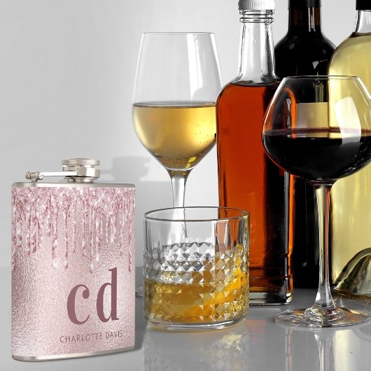 Glitterende roze druipende monogramnaam heupfles