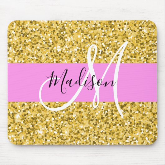 Glitterende Roze en Gouden Monogramnaam Muismat (Voorkant)