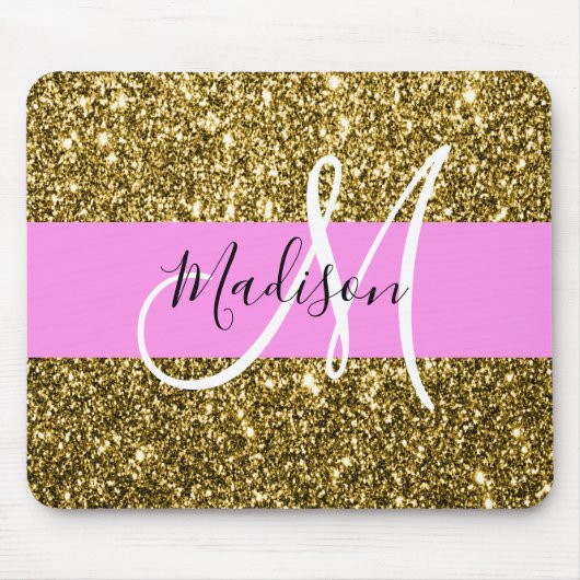 Glitterende Roze en Gouden Monogramnaam Muismat (Voorkant)