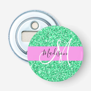Glitterende Roze en Groene Glans Monogram Naam Button Flesopener