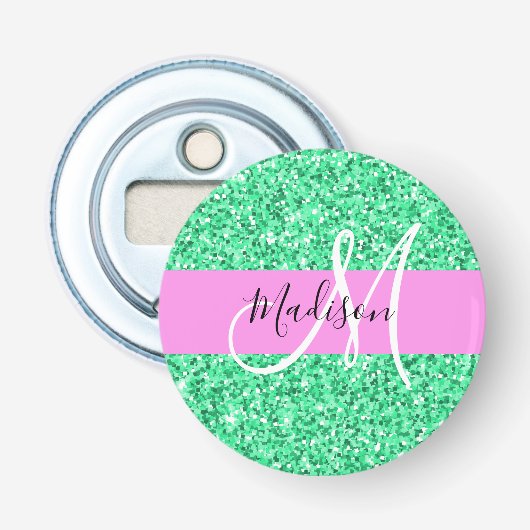 Glitterende Roze en Groene Glans Monogram Naam Button Flesopener (Voorkant)
