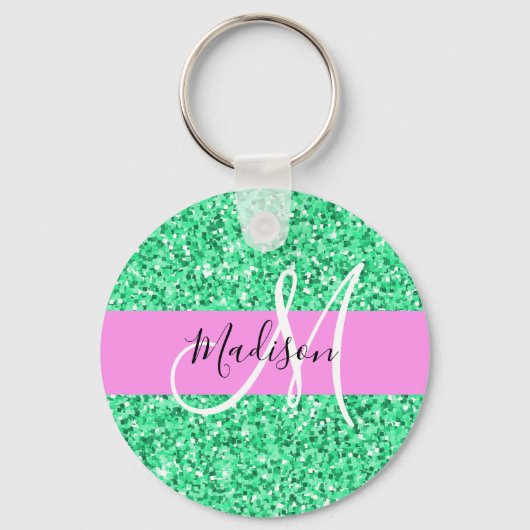 Glitterende Roze en Groene Glitter Monogramnaam Sleutelhanger (Voorkant)