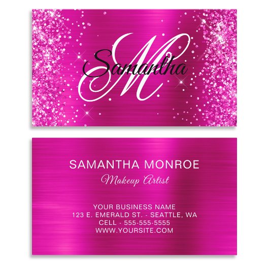 Glitterende Roze Folie Fancy Monogram Visitekaartje