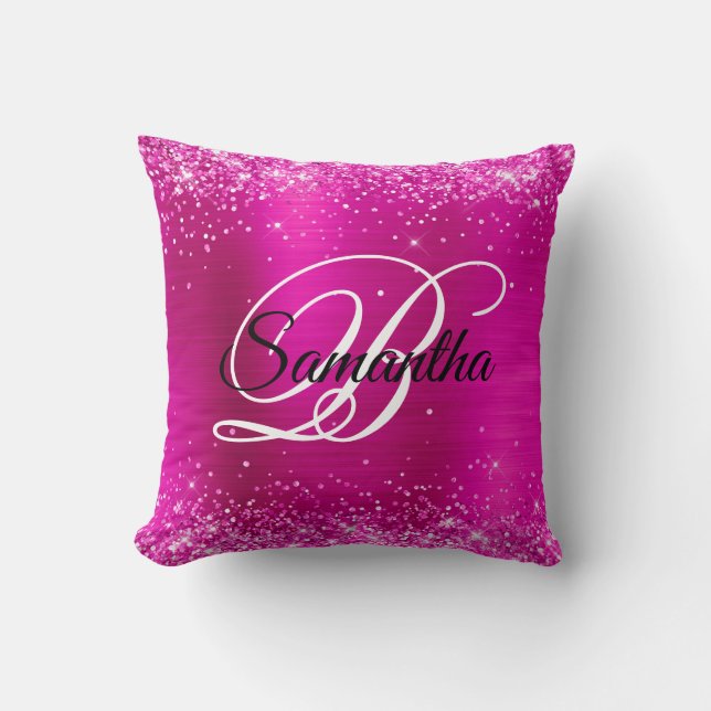 Glitterende Roze Folie Fantasie Monogram Kussen (Voorkant)