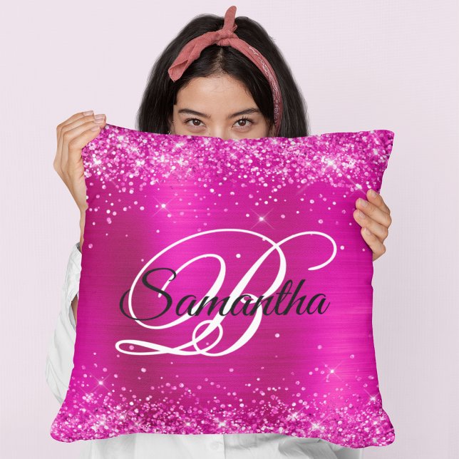 Glitterende Roze Folie Fantasie Monogram Kussen (Glittery Hot Pink Foil Fancy Monogram Throw Pillow)