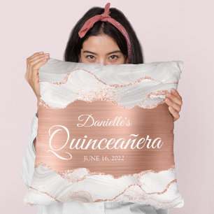 Glitterende Roze Goud en Witte Agate Quinceañera Kussen