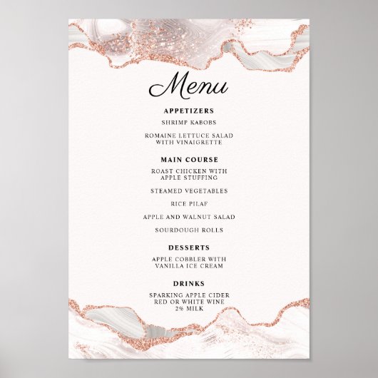 Glitterende Roze Goud Witte Agate 2 Rand Menu A4 Poster (Voorkant)