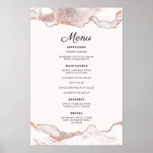 Glitterende Roze Goud Witte Agate 2 Rand Menu A4 Poster (Voorkant)