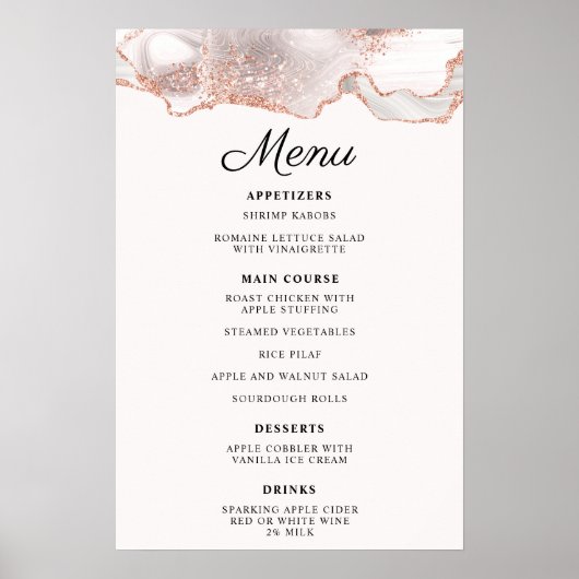 Glitterende Roze Goud Witte Agate Menu A4 Poster (Voorkant)