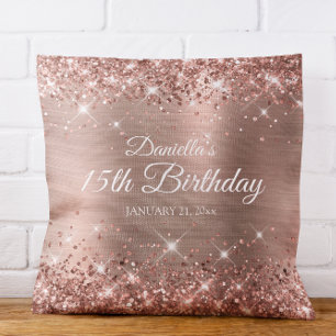 Glitterende Roze Gouden Folie 15e Verjaardag Kussen