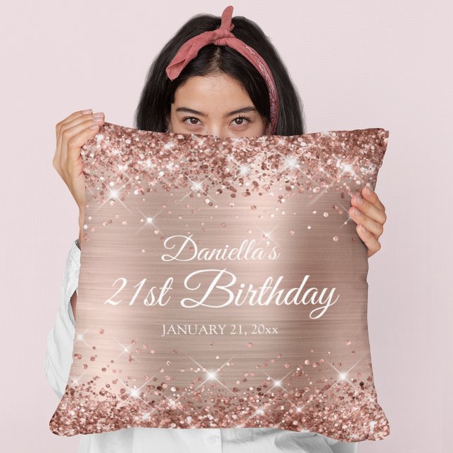 Glitterende Roze Gouden Folie 21e Verjaardag Kussen (Glittery Rose Gold Foil 21st Birthday Throw Pillow)
