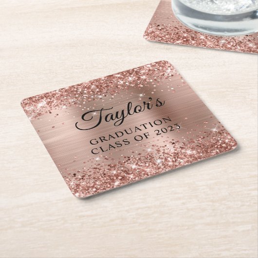 Glitterende Roze Gouden Folie Afstudeerfeest Kartonnen Onderzetters (Schuin)