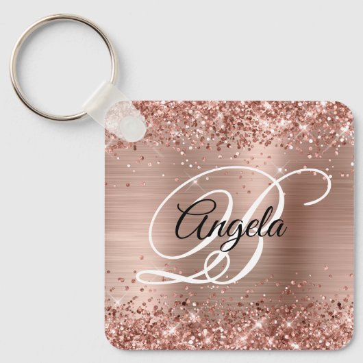 Glitterende Roze Gouden Folie Fancy Monogram Sleutelhanger (Voorkant)