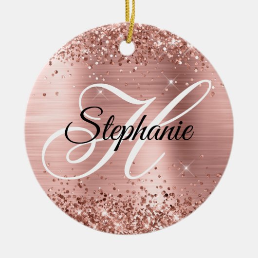 Glitterende Roze Gouden Folie Fantasie Monogram Keramisch Ornament (Voorkant)