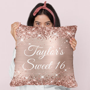 Glitterende Roze Gouden Folie Glam Sweet 16 Kussen