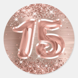 Glitterende Roze Gouden Folie Nummer 15 Verjaardag Ronde Sticker