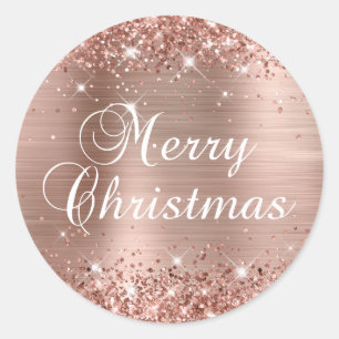 Glitterende Roze Gouden Folie Prettig Kerstfeest Ronde Sticker