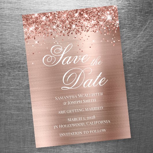 Glitterende roze gouden folie Save the Date Magnetische Uitnodiging