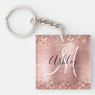 Glitterende Roze Gouden Folie Zwart en Wit Monogra Sleutelhanger