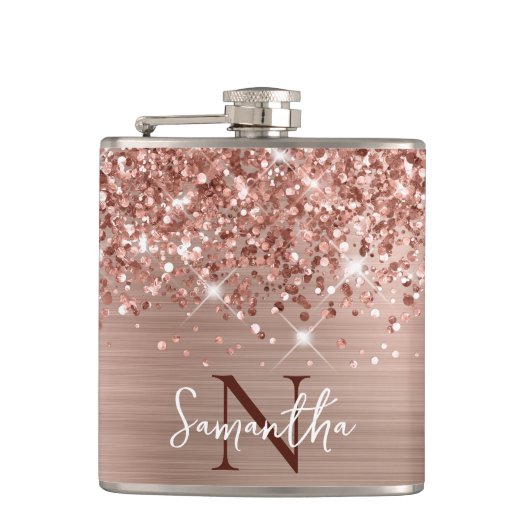 Glitterende Roze Gouden Glam Monogram Heupfles (Voorkant)