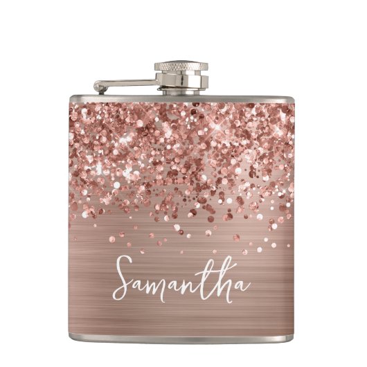 Glitterende Roze Gouden Glam Naam Heupfles (Voorkant)