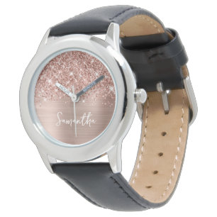Glitterende Roze Gouden Glam Witte Naam Horloge